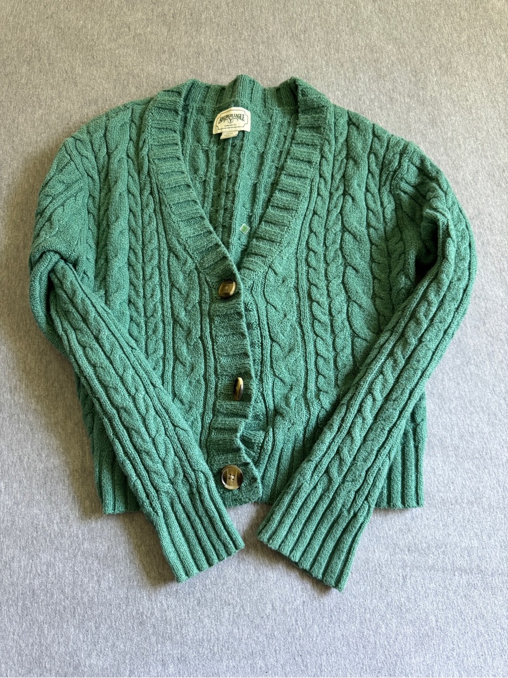 American Eagle Outfitters Green Cable-Knit Button Cardigan